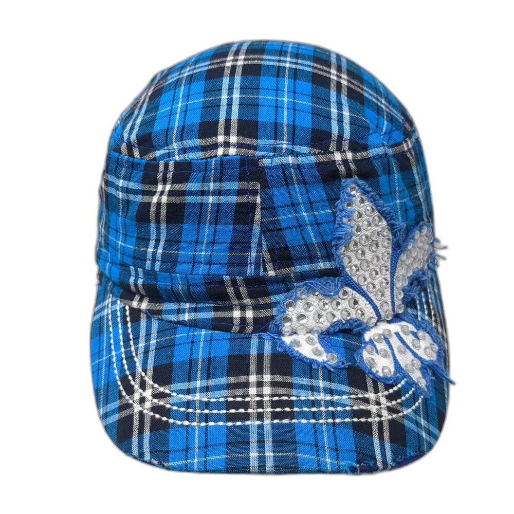 Leader Army Cap Blue Black One Size Plaid Rhinestone Fleur-de-lis Patched Hat